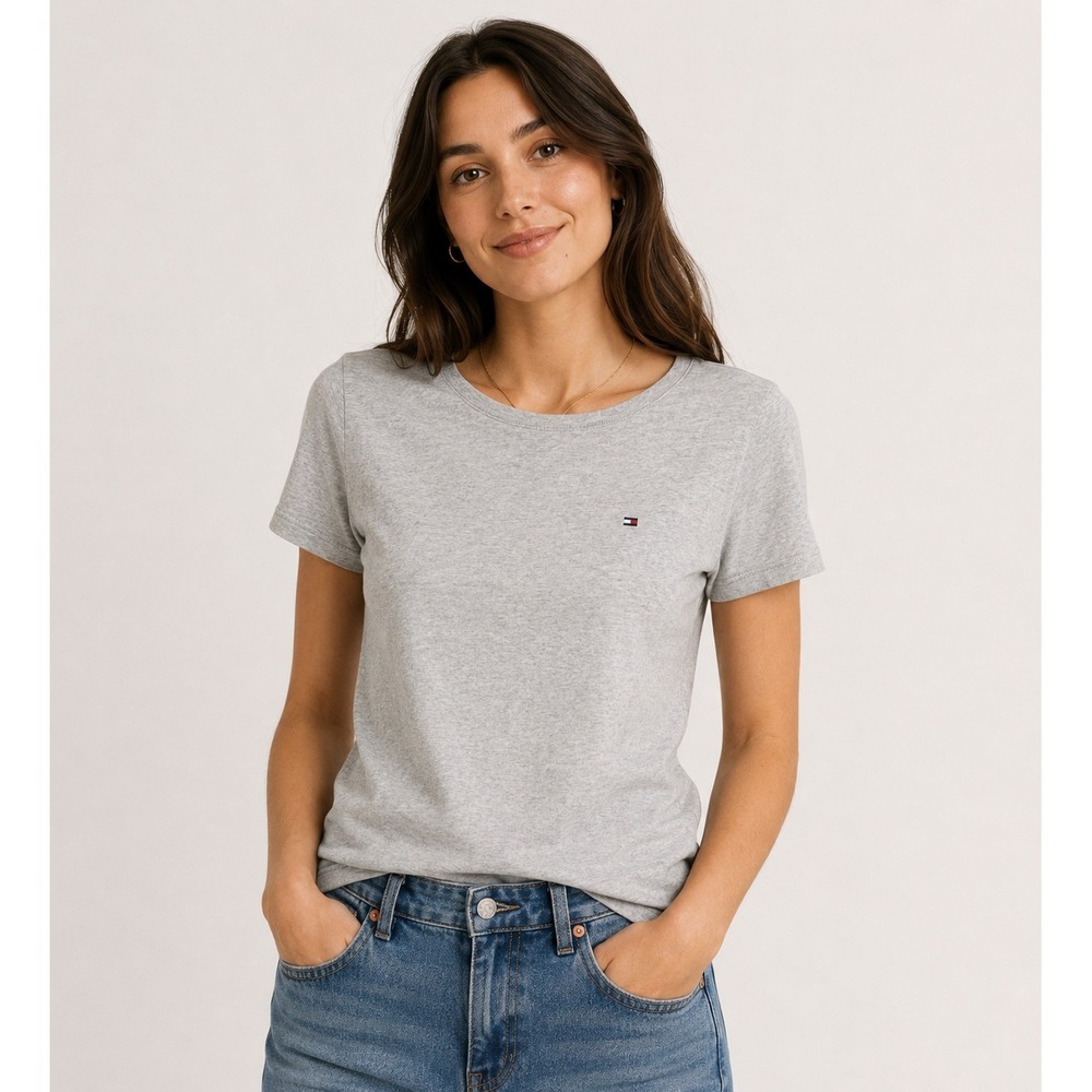 Tommy Hilfiger Womens Heather Grey Cotton Logo Crew Neck T-Shirt Size M Granola